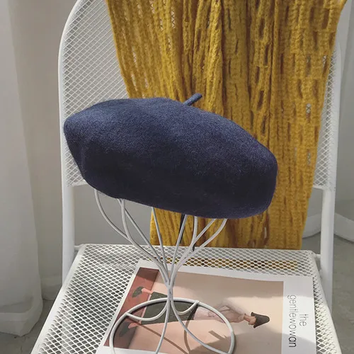 Pumpkin hat, Japanese wool Painter Style Hat Women Wool Vintage Solid Color Berets Hood Female Warm Cap for Walking Solid wool - Цвет: Navy