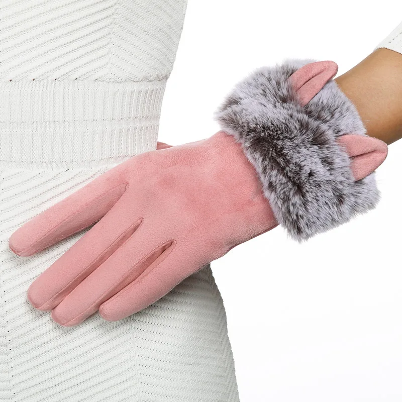 REALBY теплые замшевые перчатки для женщин Gants Femme Hiver милый Кот Дизайнер русский Guantes Femme женские зимние Сенсорный экран перчатки - Цвет: pink