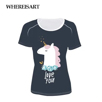 

WHEREISART Cute Unicorn Women's Short-sleeved 2019 New T-shirt Black Animal Print Custom Summer Leisure Camiseta Feminina
