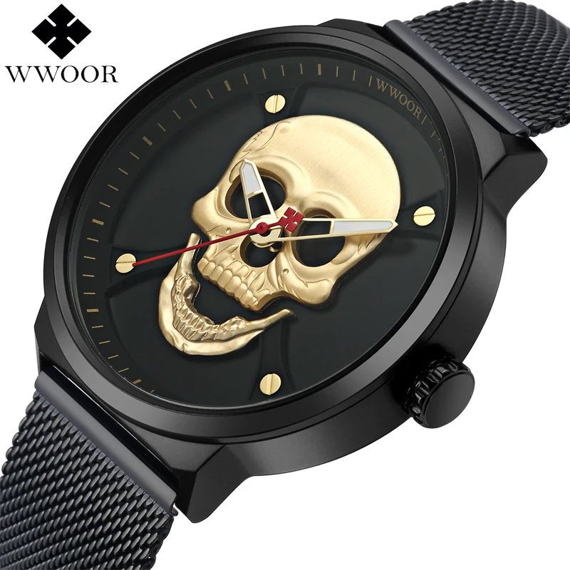 

WWOOR Cool Punk Gold Skull Mens Watches Brand Luxury Creative Vintage Waterproof Quartz Clock Male Black Steel Sport Wrist Watch