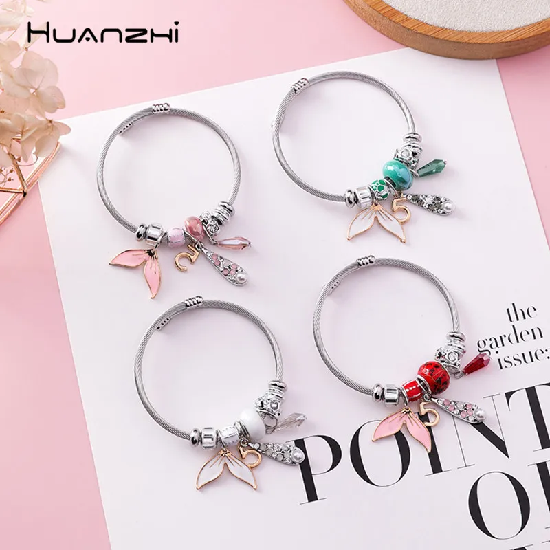 

HUANZHI Trendy Fish Tail Chic Silver Color Metal Charm Bangles Rhinestone Vintage Beaded Bracelets for Women Girl Party Jewelry