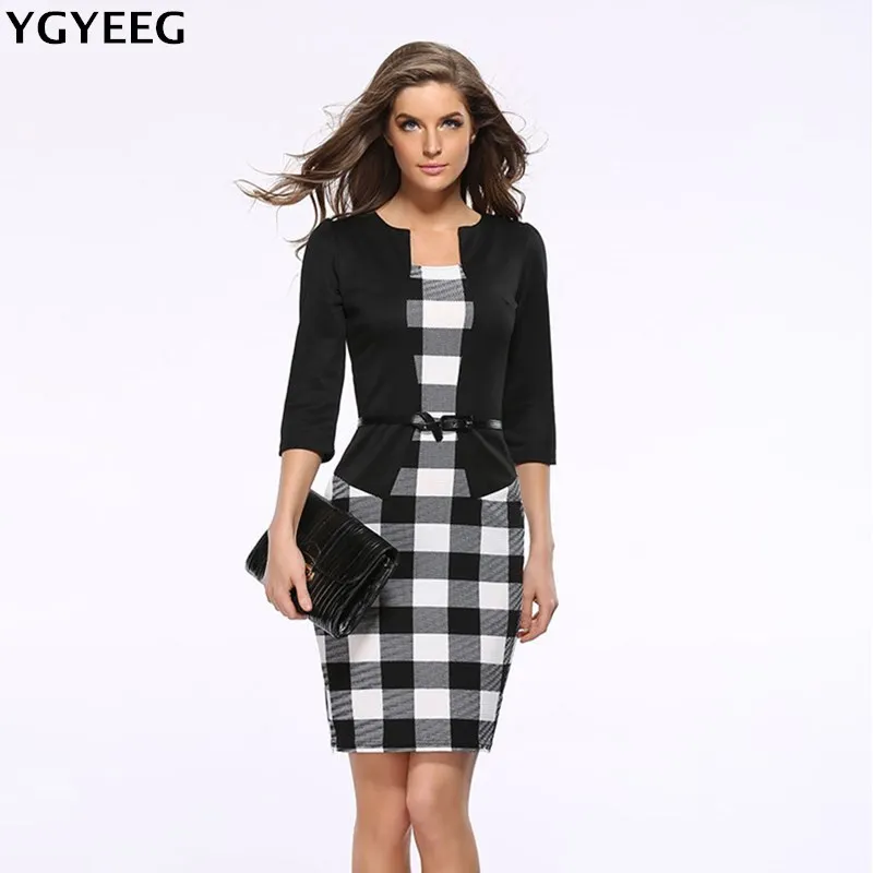 

YGYEEG 2019 Office Dress Pencil Women Summer Bodycon Sexy Print Plus Size Floral Fake Two Piece Belt Casual Vestidos Dress Robe