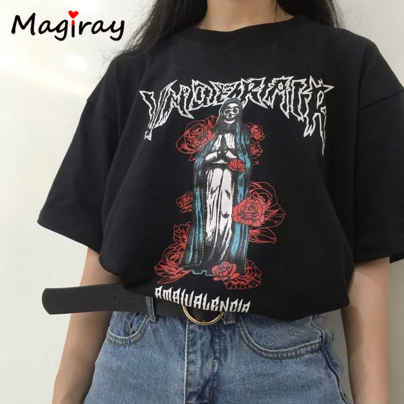 Magiray Ulzzang diablo Rosa Camiseta mujer T camisa Camiseta femenina de verano Harajuku carta larga gran Plus TAMAÑO DE C102