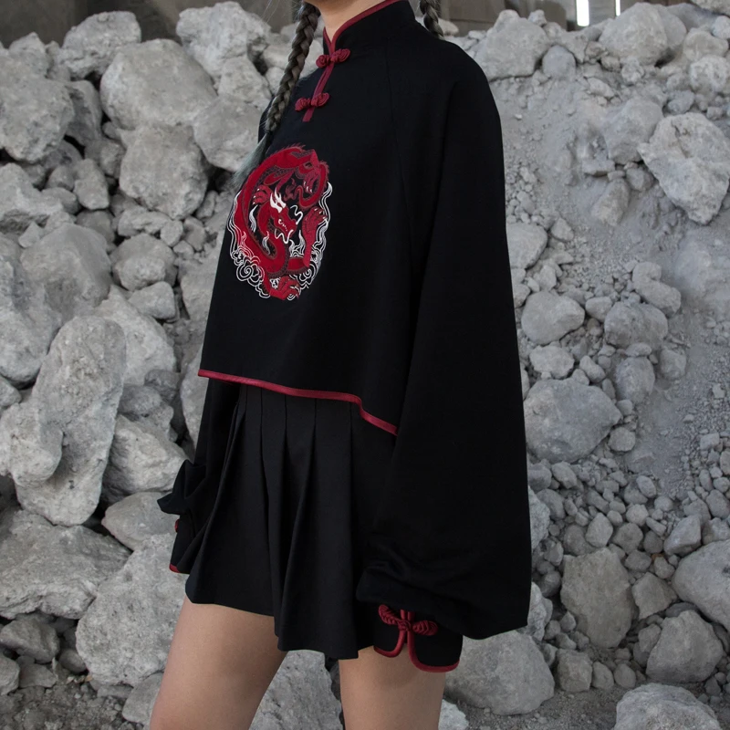 Harajuku китайский стиль вышивка свитер дракон с длинным рукавом костюм короткие женские пуловеры