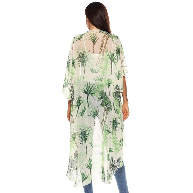 Beach Tunic Pareo And Dresses Swimsuit Woman Cover Ups Cape On Plant Printed Chiffon Loose Irregular Short Long Sleeve