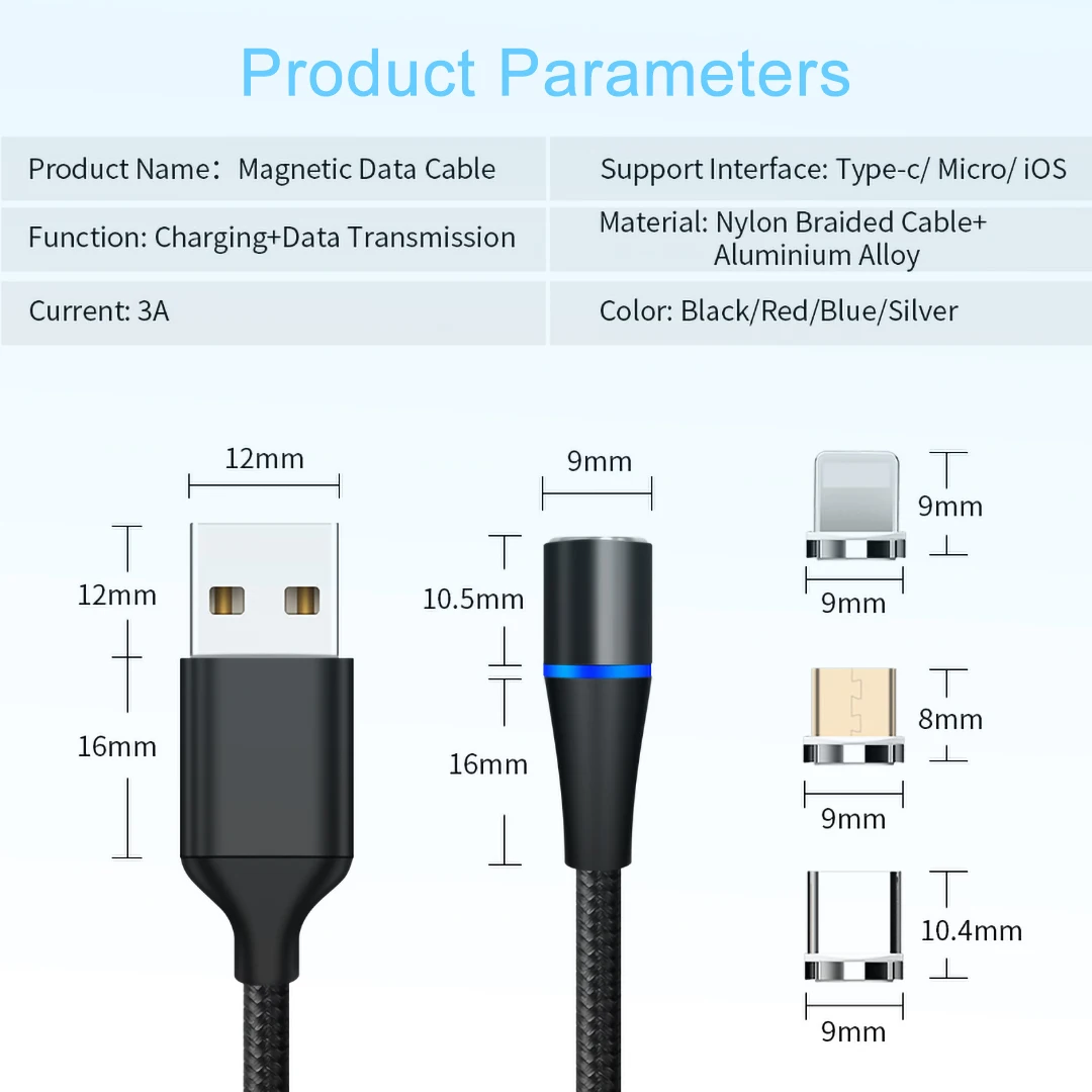 Магнитный USB кабель Micro usb type C для iPhone 7 3A кабели быстрой зарядки для Xiaomi MI9 8 Android Phone QC 3,0 провод зарядного устройства