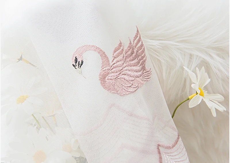 Pink Cute Swan Balcony Decorative Drapes - White Embroidered Curtains Sheer Screens For Living Room