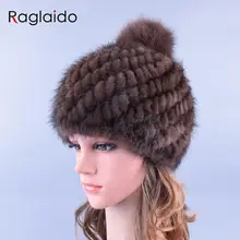 Raglaido шапки для женщин меховые Mink Fur Hat pompom caps Помпон Настоящее Норки Меховые Шапки для Женщин С Лисой Меха Помпонами Вязаная Зимняя Шапочки Cap Сгущает Марка Cap LQ11192