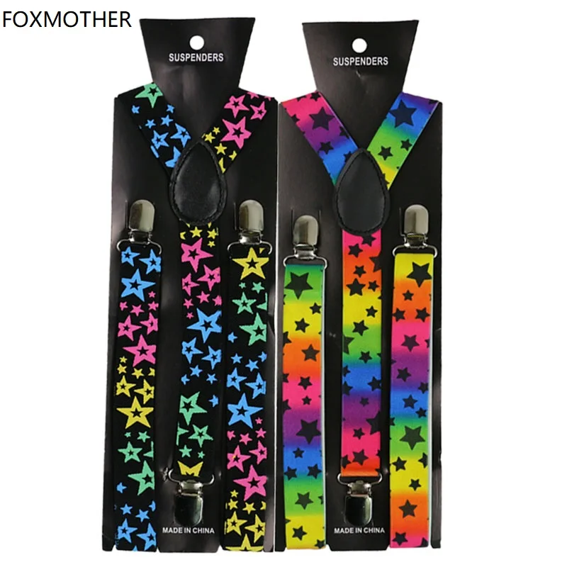 

FOXMOTHER Women Multicolor Rainbow Star Pattern Braces Elastic Y Shape Clip On Pants Suspenders Elastic Mens