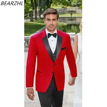 

men tuxedo suit for groom wear 3 piece suits red shiny collar 2020 slim fit formal wear