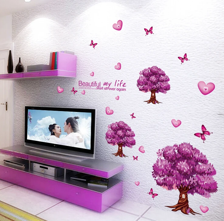 Фиолетовые цветы Дерево Бабочка DIY Наклейка на стену для брачной комнаты