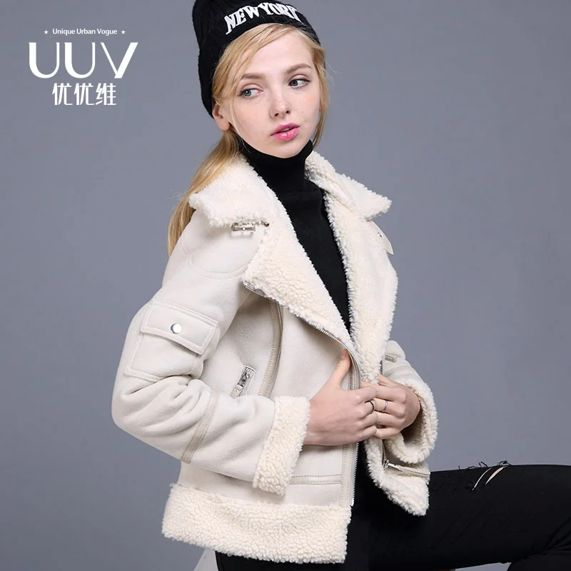 Kopen 2019 Faux Shearling Schapenvacht Jas Vrouwen Lederen Dikke Suède Jas Vrouwen Herfst Winter Lammeren Wol Korte Motorfiets Jassen UV3001