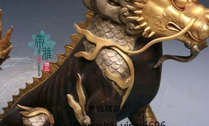 Китай дворец Бронзовый 24 К Золото Позолотить серебряный дракон Foo Dog Лев Кирин Kylin статуя