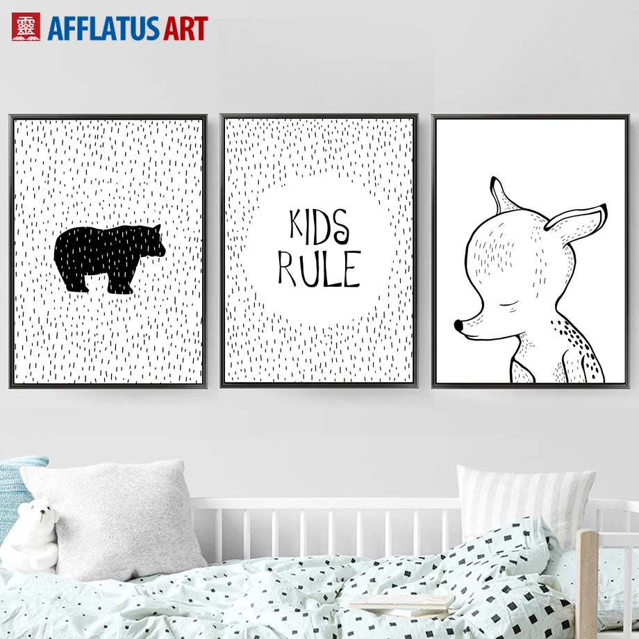 Kartun Beruang Rusa Dinding Seni Lukisan Kanvas Nordic Poster Dan Cetakan Nursery Hitam Putih Dinding Gambar Anak Anak Kamar Tidur Dekorasi Wall Pictures Canvas Paintingart Print AliExpress