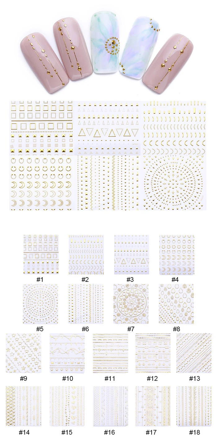 Геометрическая Золотая 3D наклейка для ногтей, рисунок Луны, звезды, полоски, волнистая линия, клейкая наклейка, сделай сам, украшение для ногтей