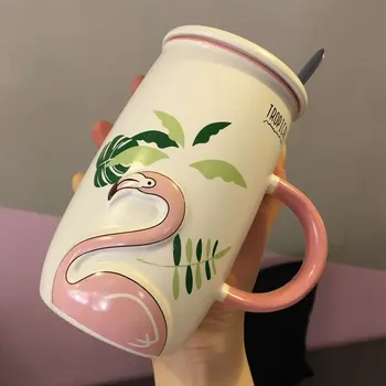 

OUSSIRRO Flamingo Pattern Natural Marble Porcelain Coffee Mug Tea Milk Cup Creative Wedding Anniversary Gift