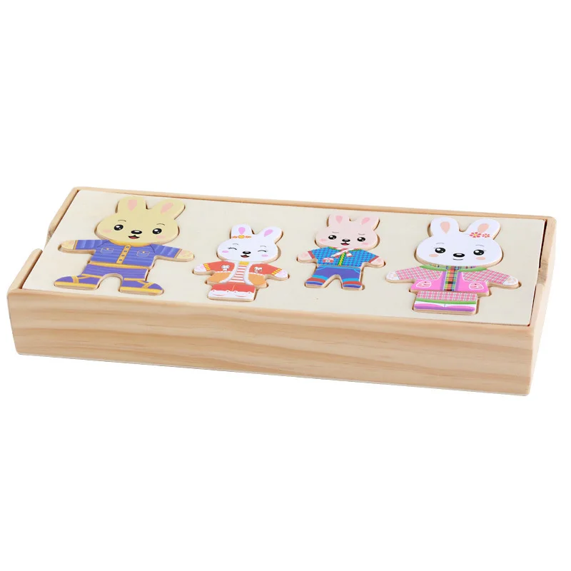 Wooden Toy Rabbit Change Clothes Puzzles Montessori Educational Dress Changing Jigsaw Puzzle toys for Children gift oyuncak