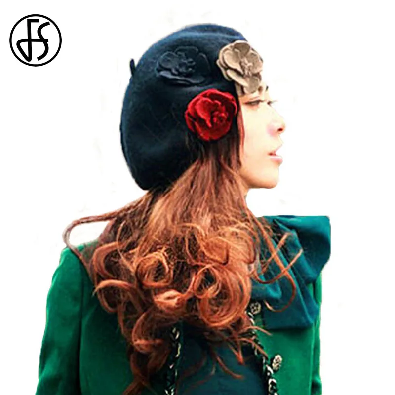 

FS Winter Beret For Hat Autumn Women With Flowers Warm Wool Cap Ladies French Artist Hats Female Berets Beanies Boina Mujer