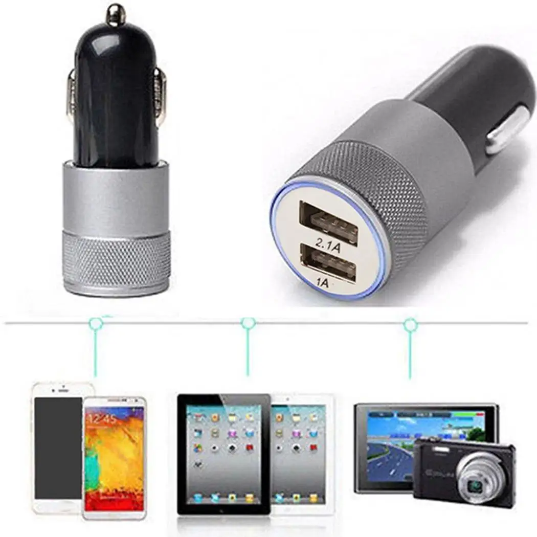 2.1A 1A Dual USB Car Charger Aluminum Alloy Universal Intelligent