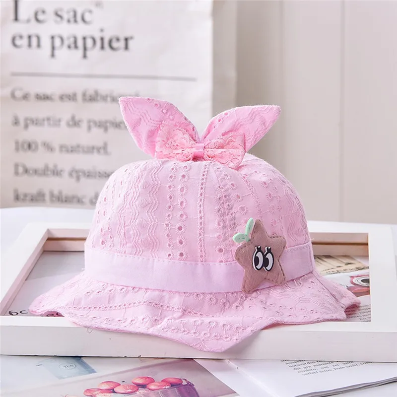 Забавные кружевные банты для новорожденных, летняя шапка, Детская Хлопковая шляпа с кроличьими ушками и рюшами, шляпа козырек от солнца, Панама, Детская Sesja Noworodek 2 - Цвет: Pink