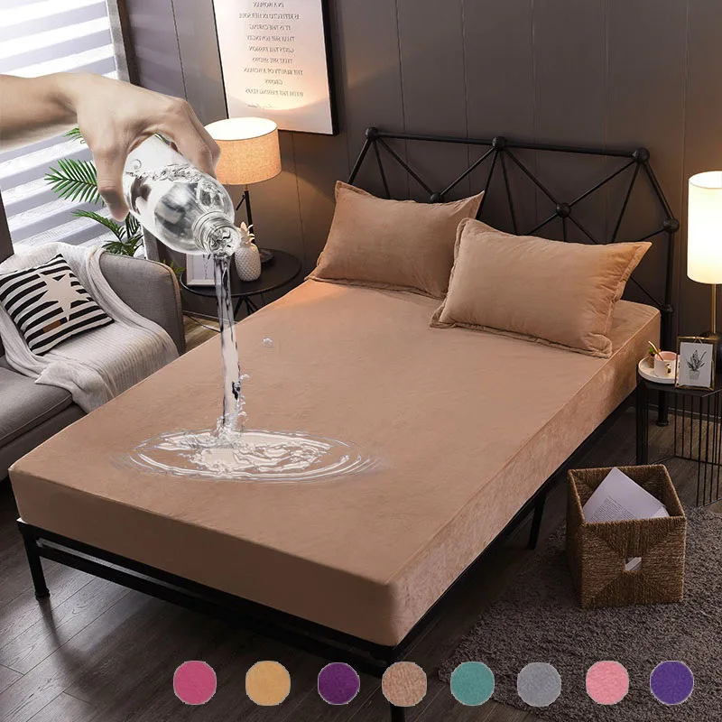 Velvet Fabric Waterproof Mattress Cover Warm Flannel Fitted Sheet For