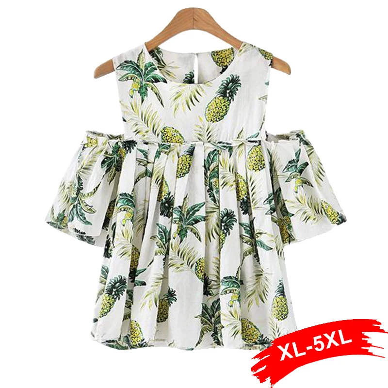 

Plus Size Cold Shoulder Ruffles White Blouse Shirts 4XL 5XL Sweet Women Tops Pineapple Print Loose Streetwear Party Tops Blusas