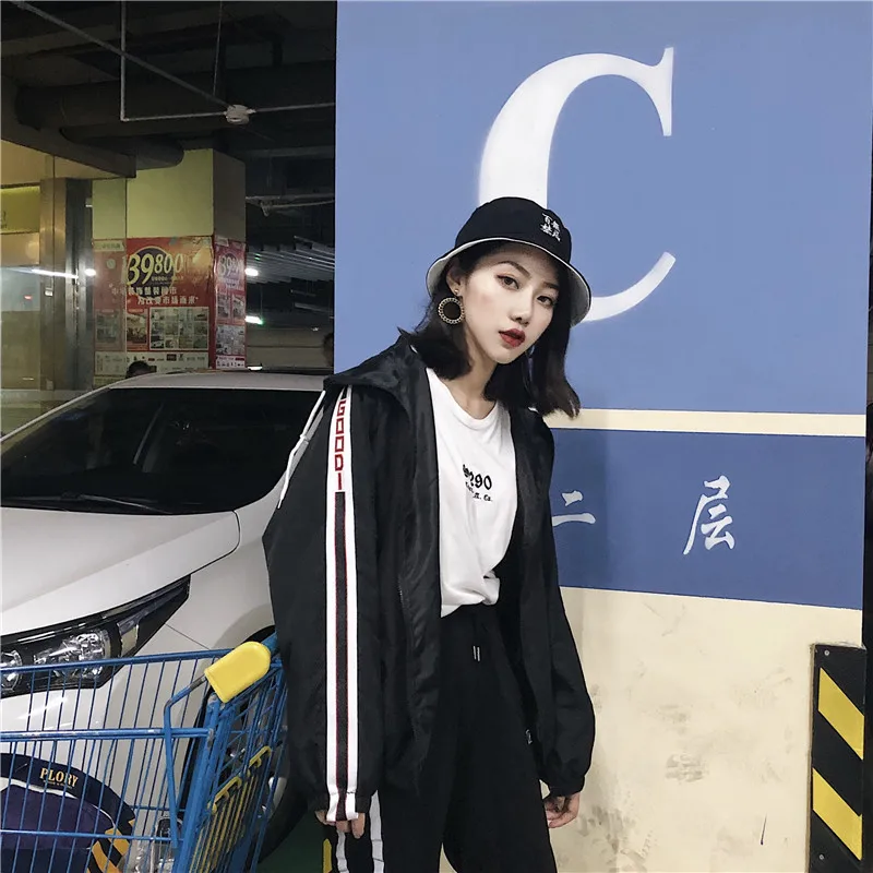 lower price  Basic Jackets Women Harajuku Couple Clothes Windproof Elastic Cuff Loose with Hat Zipper Summer Jac