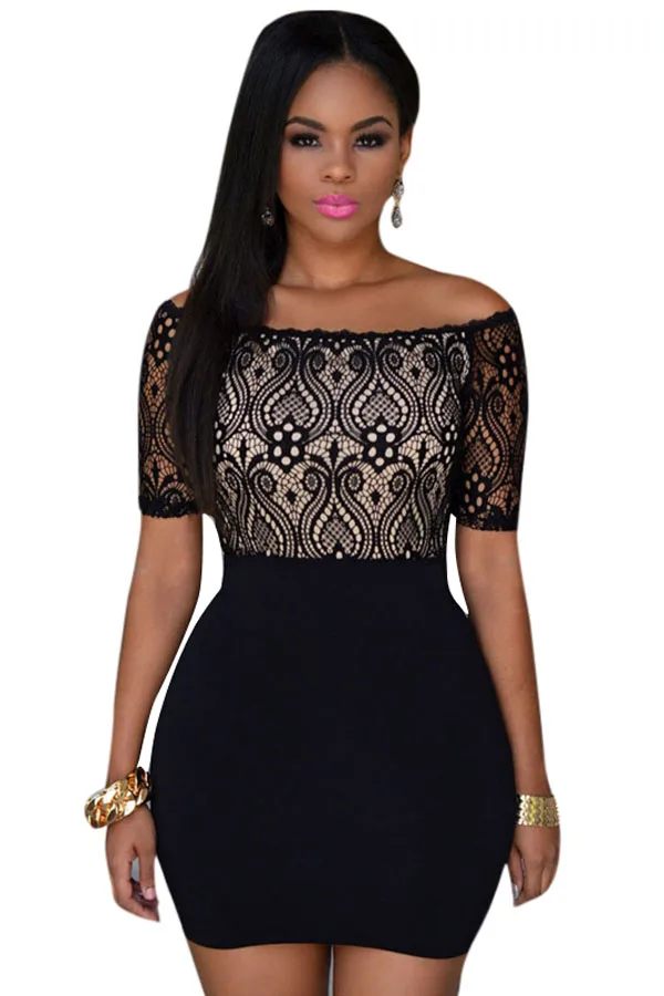 2017 Новых Женщин Мода Платья Лето-Плеча С Коротким Рукавом Черного Кружева Топ