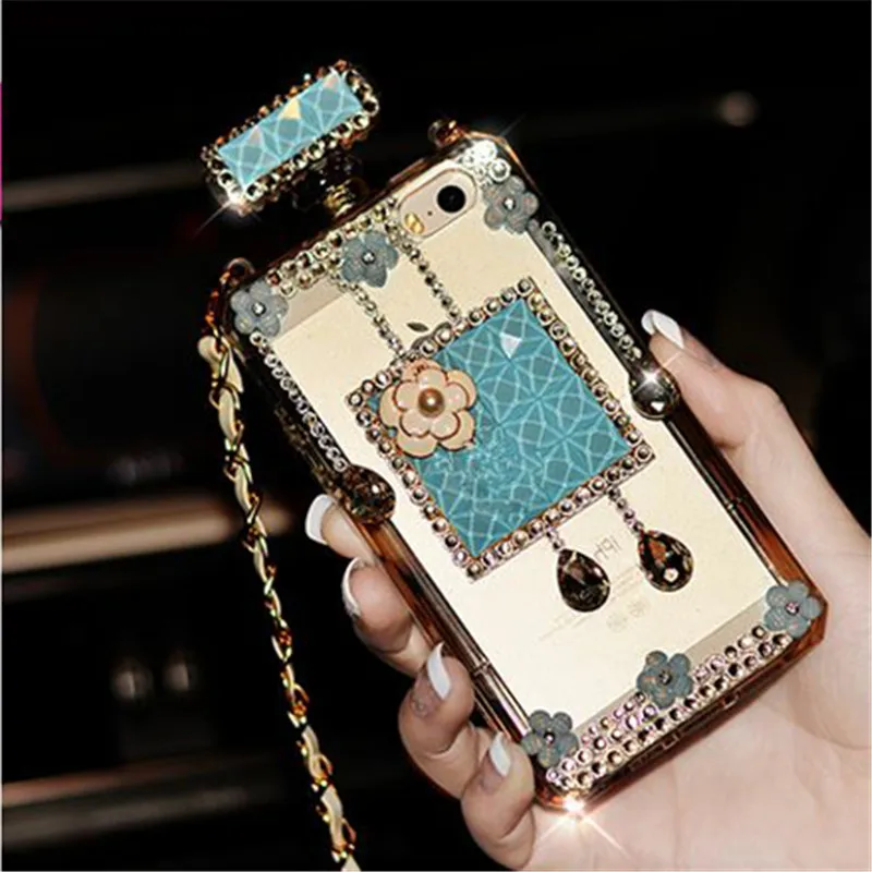 Aoweziic Luxury Perfume Bottle cover For iphone XR 6s 7 8plus XS MAX Diamond gem Flowers Soft Clear TPU phone case with Chain
