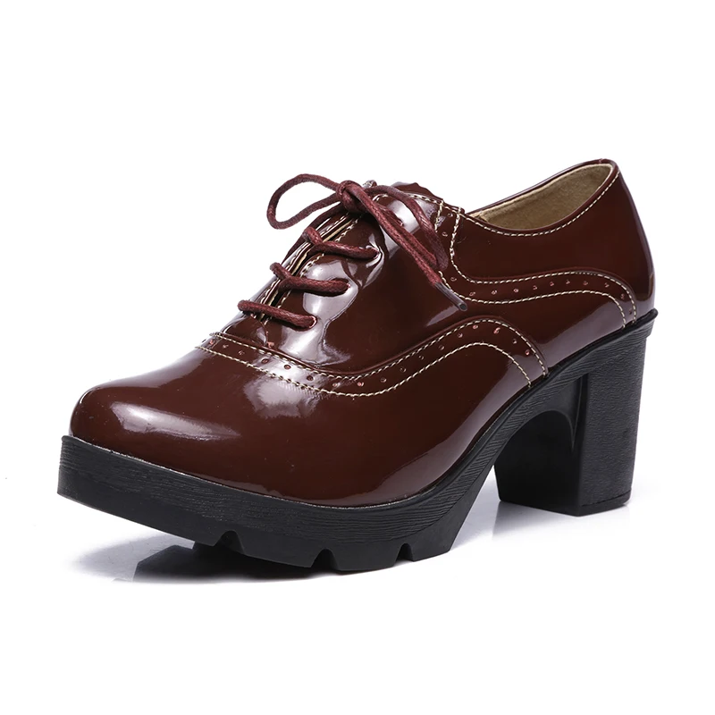 Cuculus/ г., зимняя женская обувь Новые повседневные ботинки с перфорацией типа «броги» на шнуровке однотонные туфли из лакированной кожи на высоком толстом каблуке, Elegrant Zapatos Tacon 1080 - Цвет: Red