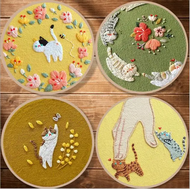 

15cm Cute Cat European embroidery kit simple three-dimensional embroidery Ribbon kit embroidery needlework