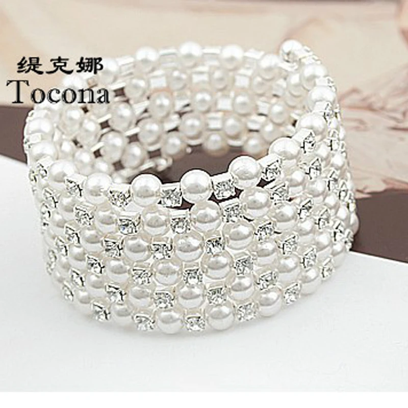 

Tocona Silver Color Full Rhinestone Simulated Pearl Bracelets Multilayer Wendding Wide Bangles Jewelry for Women 5519