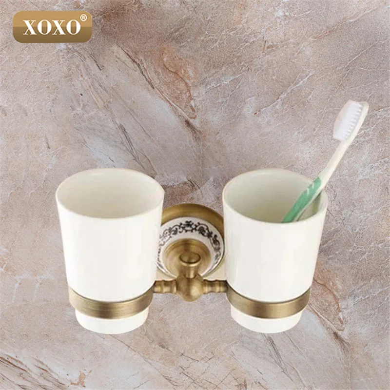 XOXOTop quality luxury European style Antique copper toothbrush tumbler&cup holder with 2cups wall mounted bath product 11084DBT