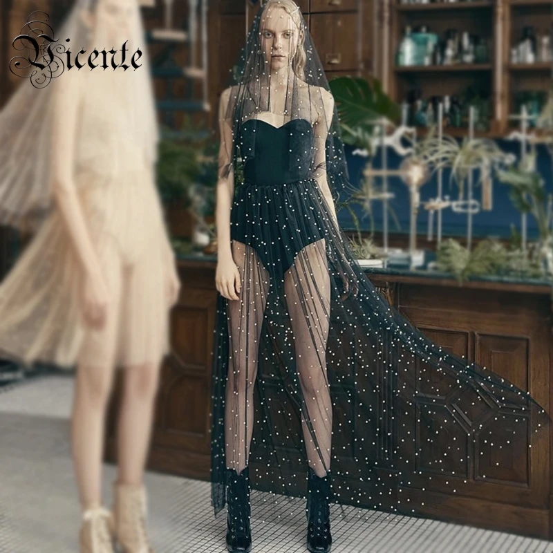 

Vicente HOT Fashion Pearl Long Dress Sexy Strapless Sleeveless 2019 New Wholesale Celebrity Party Mesh Bandage Dress