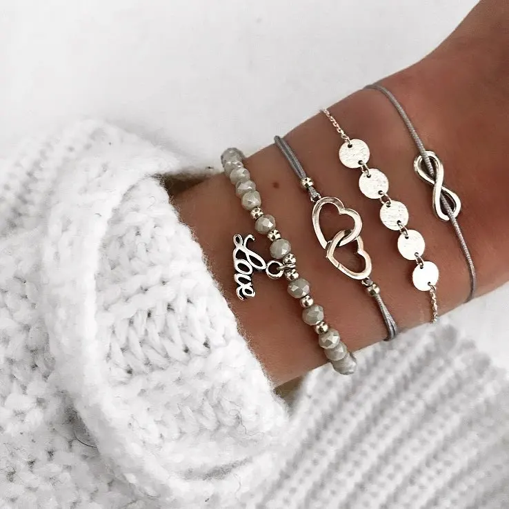 

4Pcs/Set Silver Color Heart Infinity Charms Bracelet Wedding Bracelets Set Heart Bracelets Bangles for Woman Jewelry