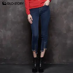 GLO-STORY Для женщин 2018 DkGrey мягкие обтягивающие джинсы женская обувь на молнии с бахромой нижний Панк модные джинсовые выше лодыжки брюки 7734 7735