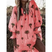 2019 Plus Size S-5XL Summer Dress Casual Floral Print V-neck Lantern Sleeve Dress Loose Long Sleeve Pullover Dress for Women casual v neck long lantern sleeve women s green dress