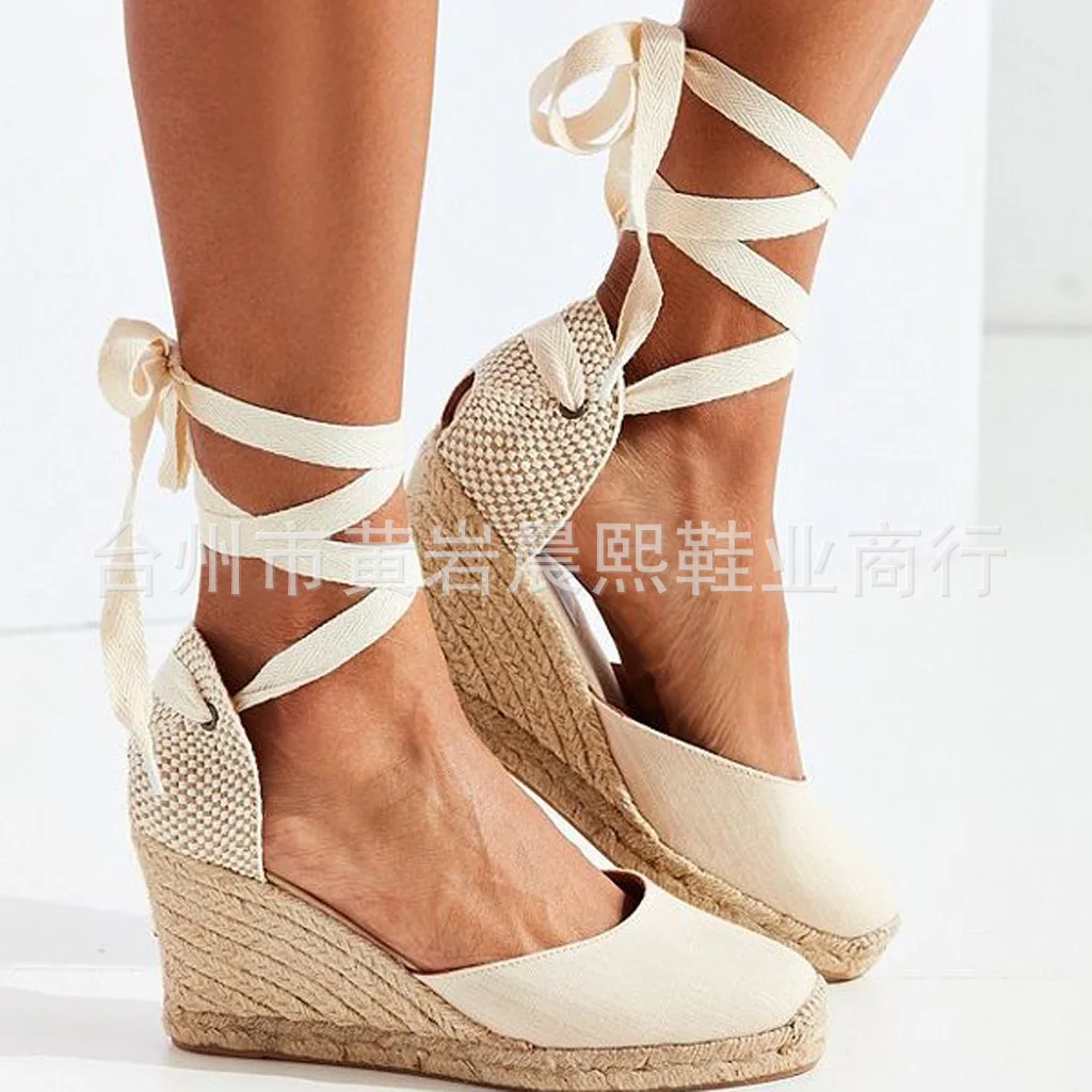 ladies wedge sandals Women's Espadrille Ankle Strap Sandals Comfortable Slippers Ladies Womens Casual Shoes Breathable Flax Hemp Canvas Pumps high wedge sandals