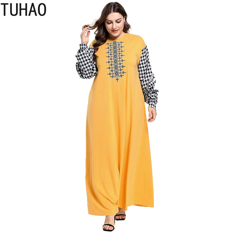 

TUHAO Plus Size 4XL 3XL Women High Waist Maxi Dress Long Sleeve Autumn Flower Embroidery Plaid Sleeve Long Dresses Robe LZ96