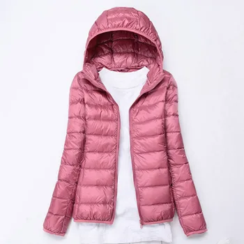 

Autumn Women Hooded Jackets White Pink Navy Fashion Ladies Spring Outwear with Hat Zipper Long Sleeve Duck Down Female Slim Coat