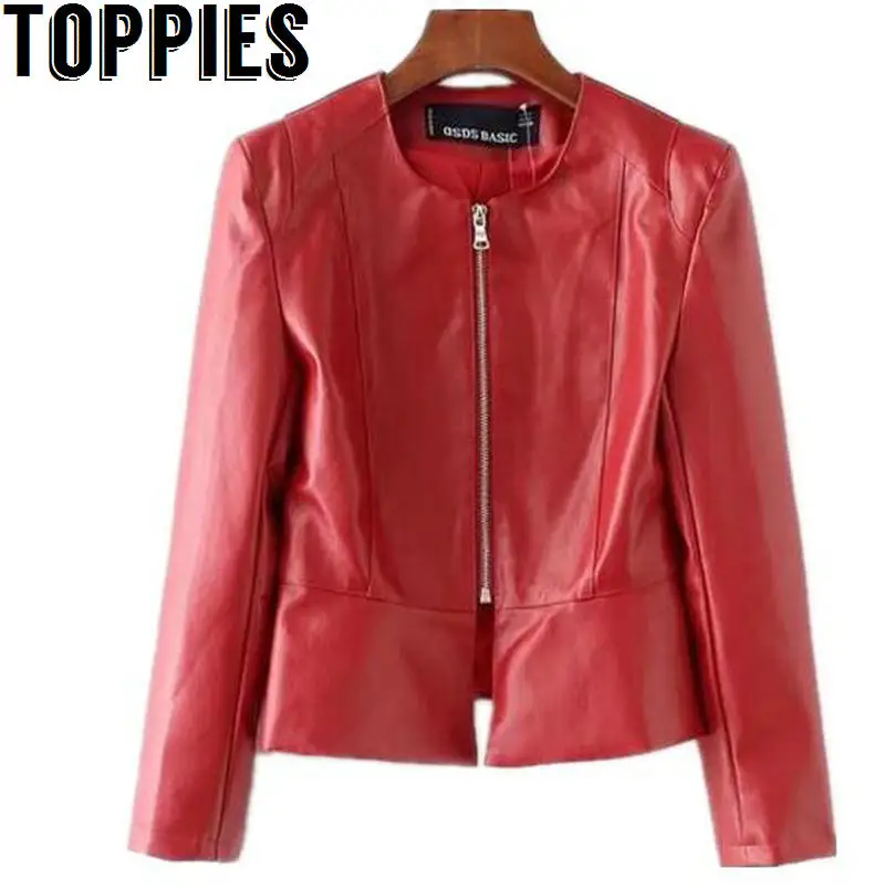 

2019 Autumn And Winter Women Red Color PU Leather Jackets O-neck Zipper Faux Leather Coat Slim Tunic PU Coat