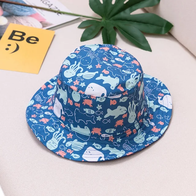 Summer Children Cotton Cartoon Bucket Cap For Boys Printing Floral Baby Girls Sun Hat Flower Kids Bonnet blue sea