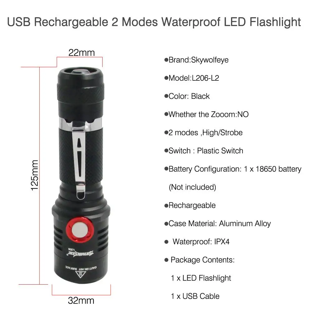 SKYWOLFEYE 8000 люменов T6 светодиодный фонарик Перезаряжаемый 18650 аккумулятор велосипедный фонарь с зажимом водонепроницаемая лампа+ USB кабель A609