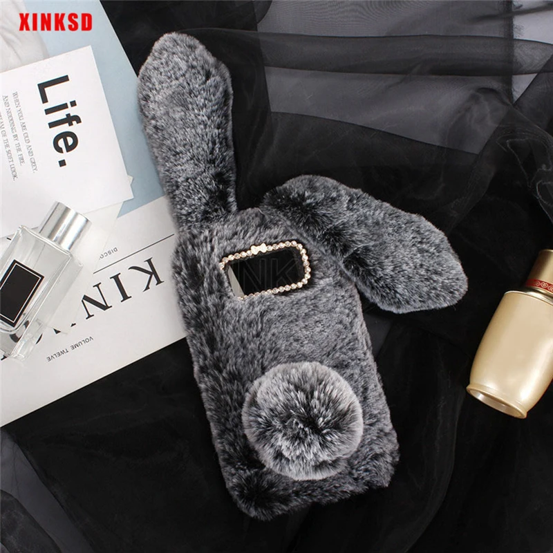 Rabbit Warm fur hair Case For Samsung Galaxy S9 S8 Plus A6 A8 J6 2018 A3 A5 A7 J3 J5 2017 J7 2016 Diamond Plush Bunny Back Cover (14)