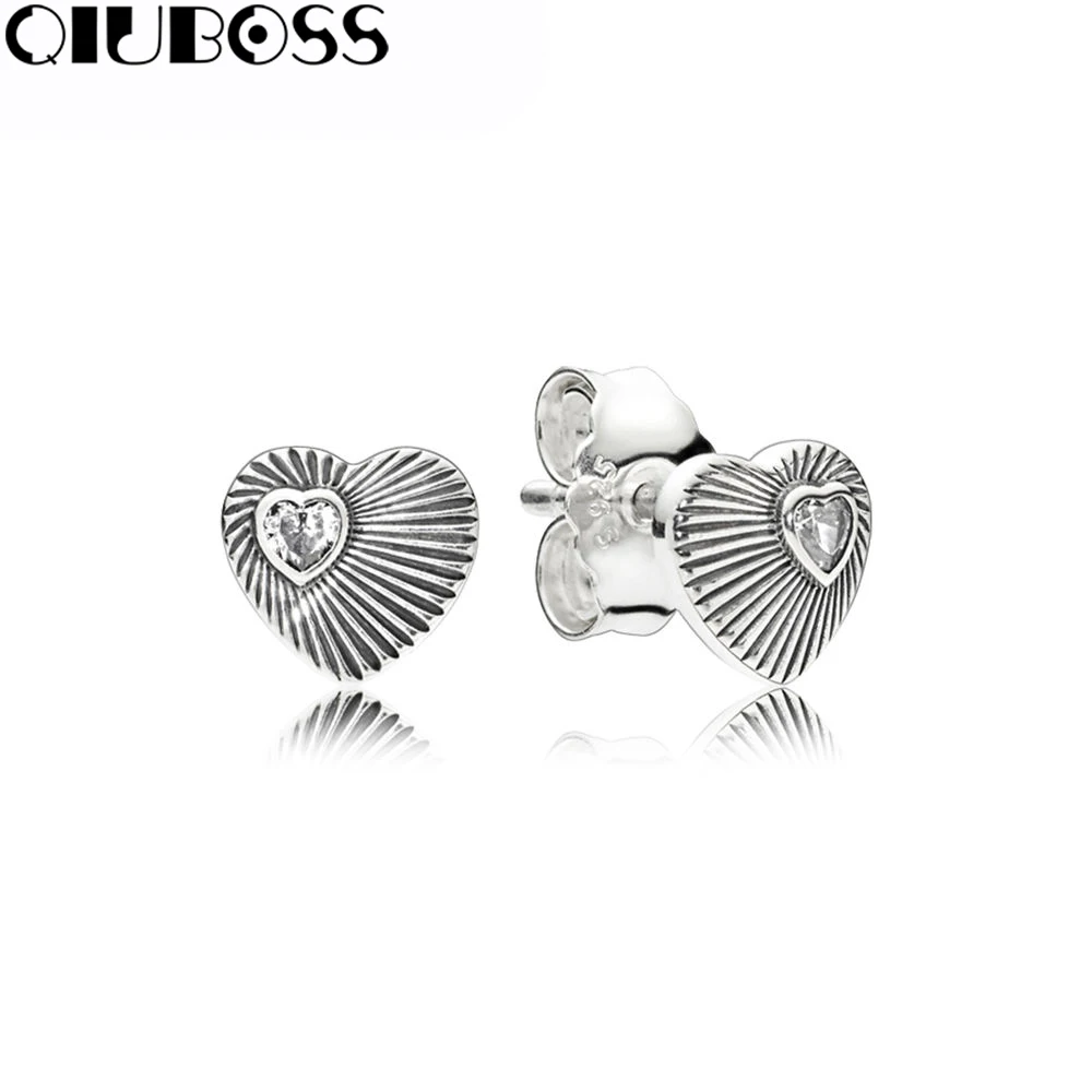 

QiuBoss 100% 925 Sterling Silver Vintage Heart Fans Clear CZ Fit DIY Original Jewelry Summer Creative
