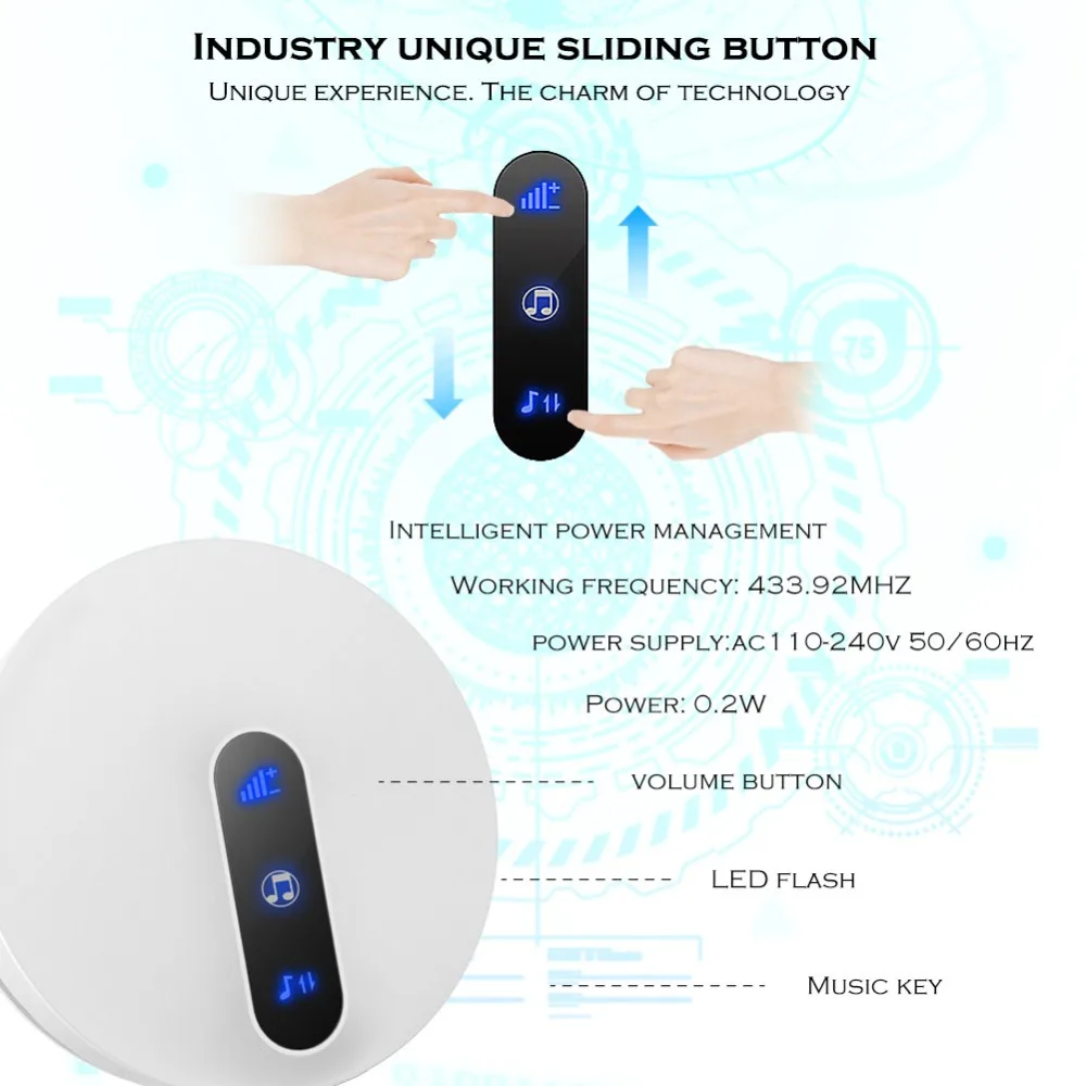 SMATRUL self powered New Waterproof Wireless Doorbell EU Plug 180M Remote smart Door Bell Chime ring  1  button 1  receiver no battery Deaf Gorgeous lighting black 5 white