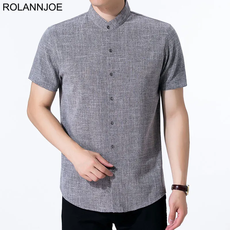 R.N.J. Band Collar Solid Linen Shirts ...