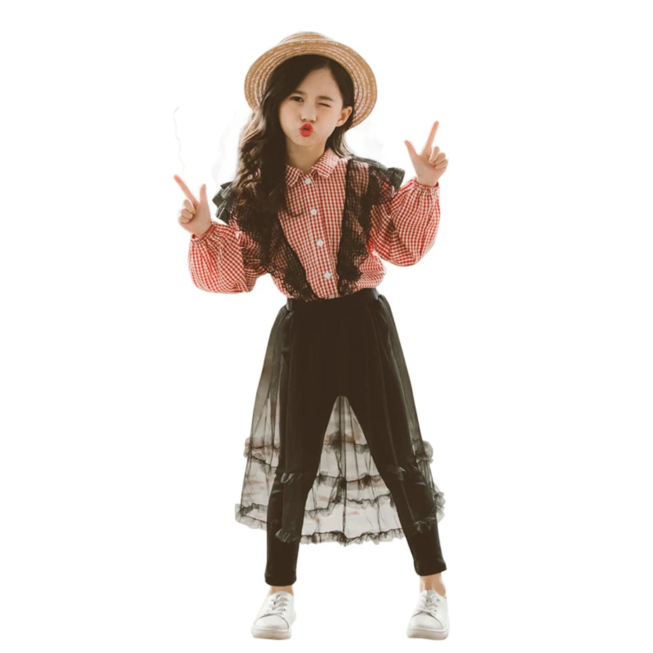 

Spring Clothes Set For Girls Plaid Kids Clothes Suit Mesh Children's Costumes Teenage Kid Girl Clothing 6 8 12 Years Autumn