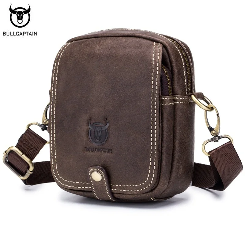BULLCAPTAIN Genuine Leather Men Shoulder Bags Casual Zipper Small Messenger Bag