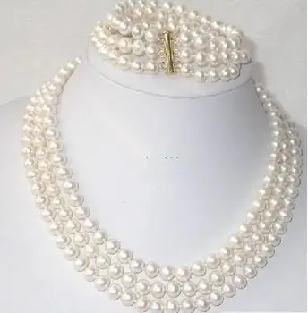 

triple strands 8-9mm white south sea pearl necklace bracelet 18-20 7.5-8"